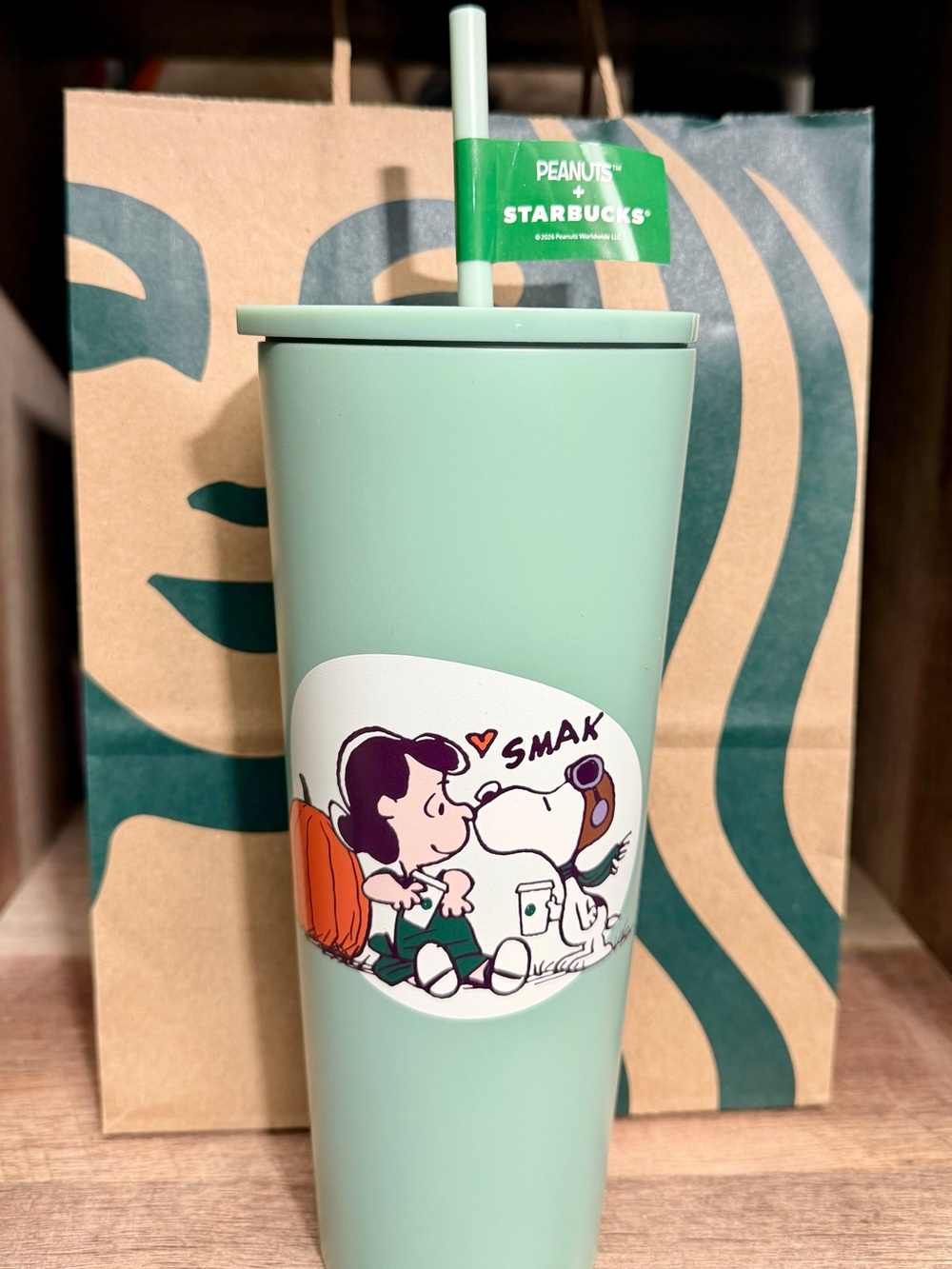 Starbucks Peanuts Mint Green Tumbler with Straw 24 oz stainless steel